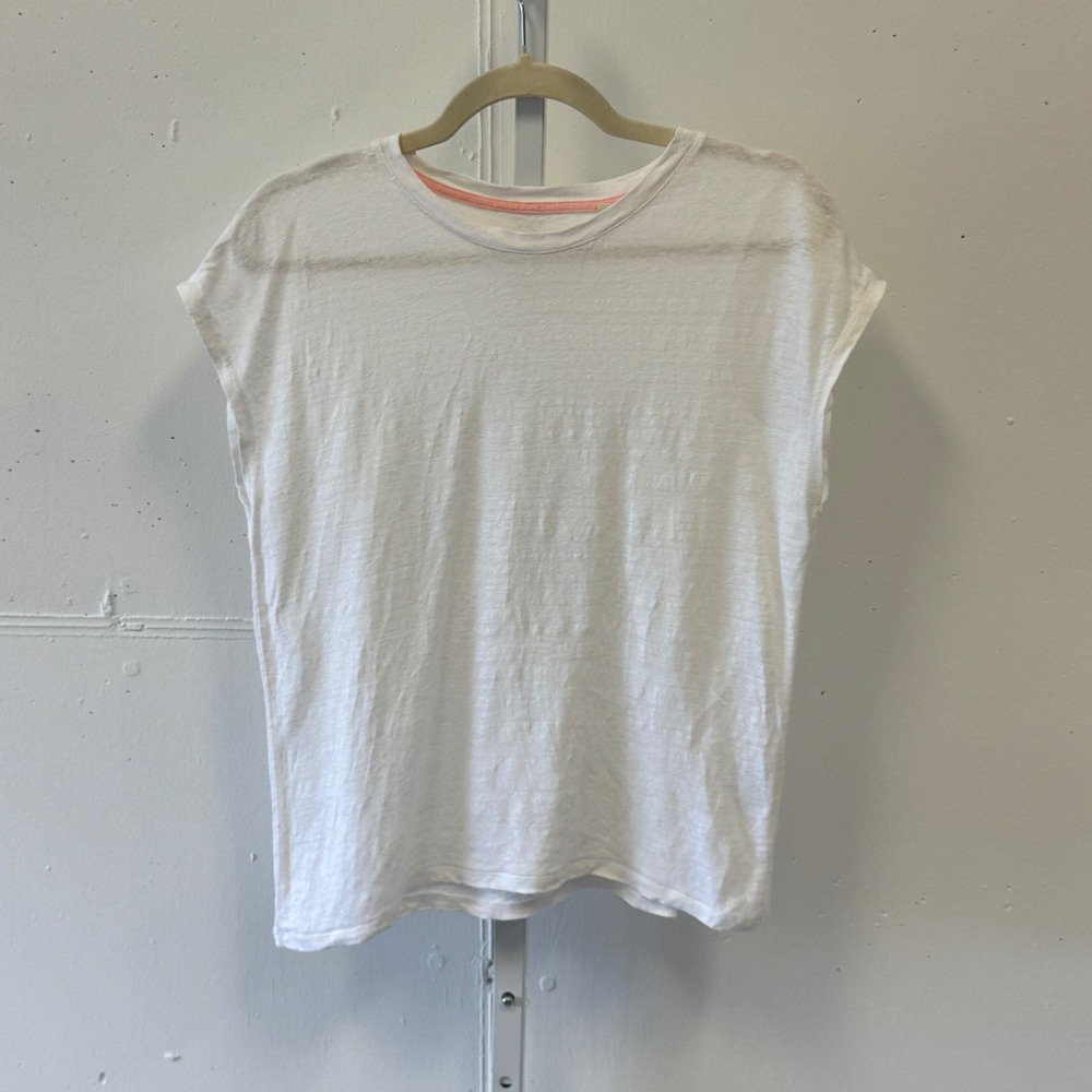 Boden Womens White 100% Linen Cap Sleeve T-Shirt Crew Neck Top T1585 Size S